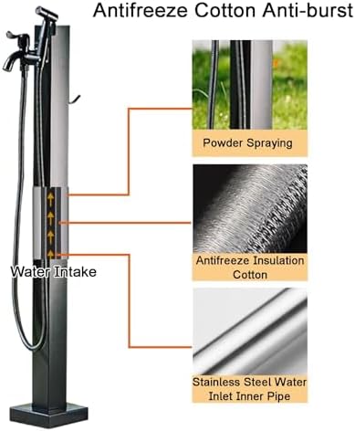 Stainless Steel Outdoor Water Column with Faucet & Spray Gun, Square Design, Hose Holder for Gardens, Schools, Vegetable Gardens, Car Washes - Black