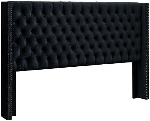 Madison Park Amelia Headboard King Wingback Upholstered - Hand-Tufted Button Detail, Double Nailhead Trim, Foam-Padded Durable Fabric, Adjustable Fit for Classic/Transitional Bedrooms-Black Velvet