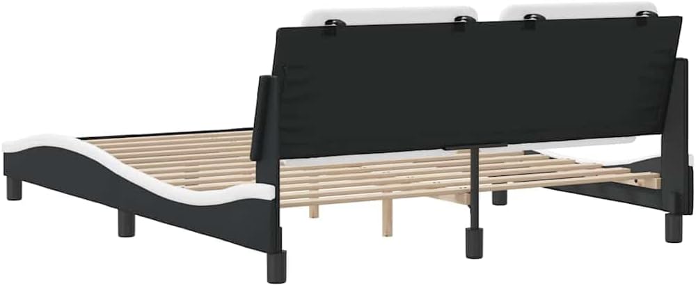 Black and White Faux Leather Full Bed Frame, Durable Modern Platform Bed with Upholstered Headboard, Sturdy Pine Wood Construction for Adult Bedroom, 4 Pieces Set Includes