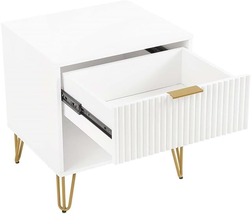 Pemberly Row 2-Piece Bedroom Dresser and Nightstand Set, MDF Construction, White Finish, Vertical Ribbed Drawers, Gold Metal Handles and Splayed Legs, Bedroom Storage Furniture, 55.26 in Dresser