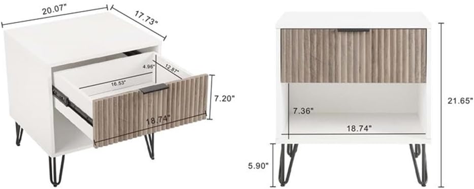 Pemberly Row 2-Piece Bedroom Storage Set, 3-Drawer Dresser 35.19' L & Nightstand 20.07' L, MDF Engineered Wood, Multi-Color Finish, Vertical Ribbed Texture, Black Metal Legs, Modern Glam Style