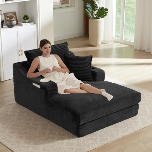 HRVEOCEI 47.2' Oversized Chaise Lounge Chair Indoor, Corduroy Boneless Chaise Lounge with 2 Pillows, Comfy Reading Chair with Ottoman, Black Sleeper Chairs for Adults Living Room Bedroom (Black 47.2)