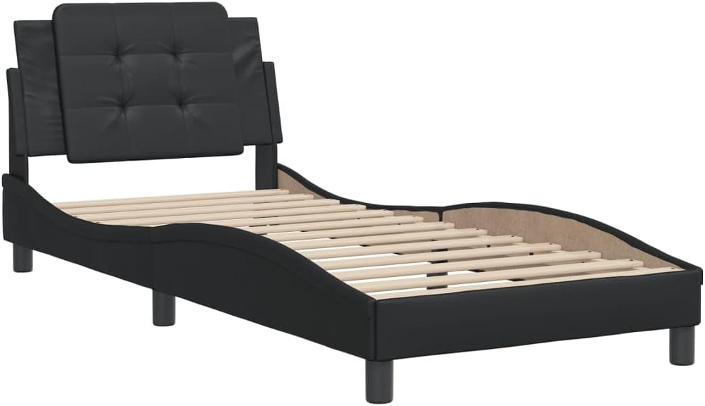 Black Faux Leather Single Bed Frame with Headboard, Durable Pine Wood Construction for Modern Bedroom, 39.4 x 74.8 Inch Mattress Size, Space-Saving Design, Stain-Resistant