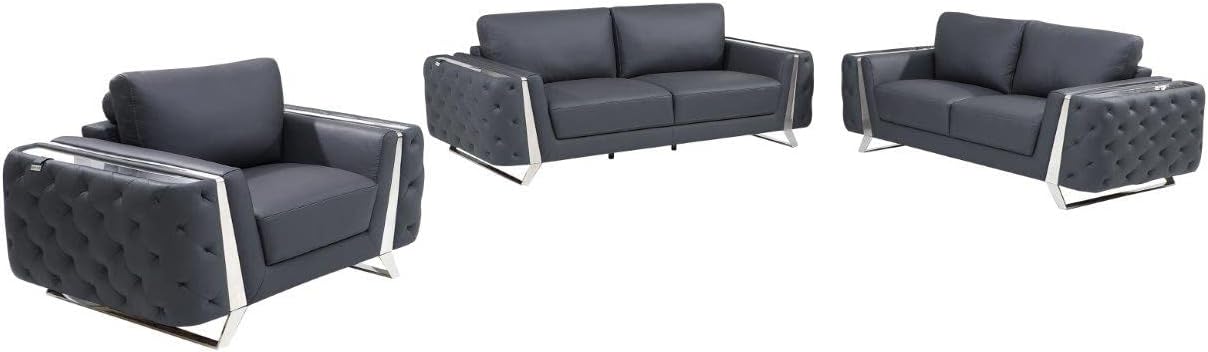 Blackjack Furniture Reggio Collection Full Grain Italian Leather Sofas for Living Room with Brazilian Wood Frame and Stainless Steel Legs, 3-Piece Set, Sofa, Loveseat, and Chair, Dark Gray