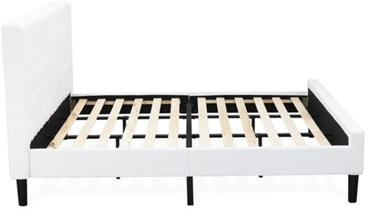 East West Furniture NL19K-2DE05 3 Piece King Bed Set - Button Tufted Bed Frame - Linen white Velvet Fabric and Upholstered Headboard and a Linen white Finish Nightstand