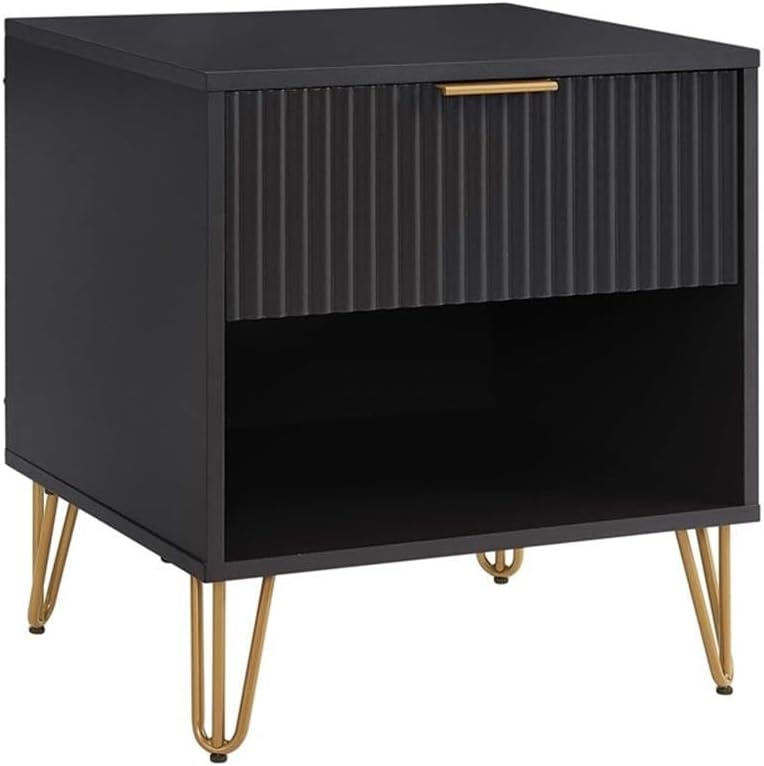 Pemberly Row 2-Piece Bedroom Set, Standard 3-Drawer Dresser and Nightstand, MDF Frame, Black Finish, Textured Ribbed Drawer Fronts, Gold Metal Handles, Splayed Legs, Perfect for Bedroom Storage