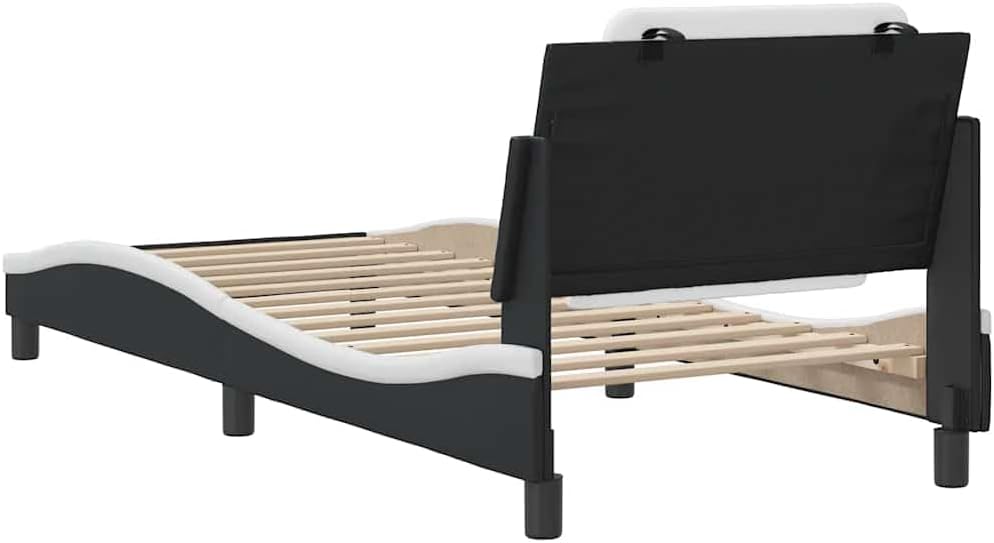 Modern Faux Leather Bed Frame in Black and White with Cushioned Headboard, Strong Construction for Stability, Space Efficient Design, Easy Maintenance, Contemporary Style