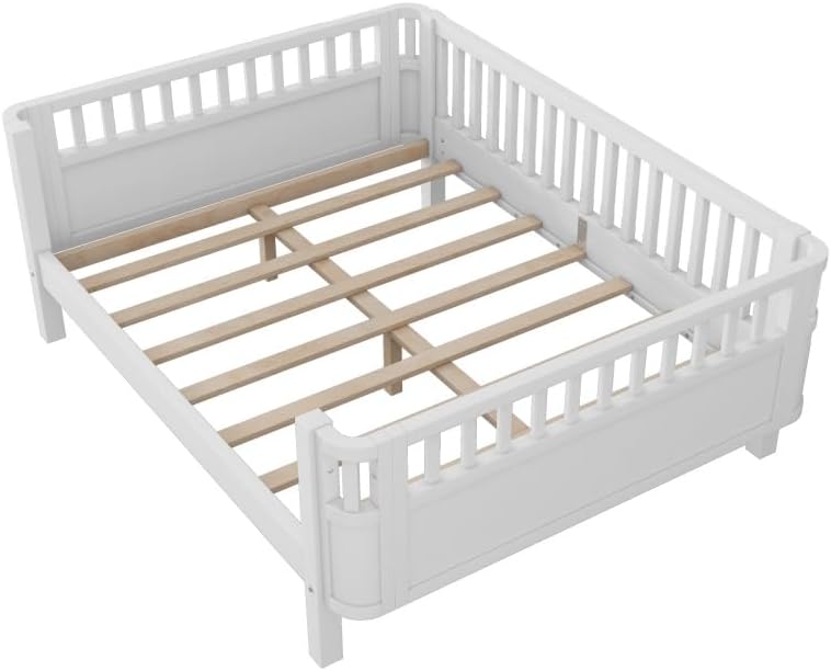 JIJIWANG Full Size Floor Bed with Storage, Montessori Floor Bed with Slats, Detachable Slats for Kids Bedroom, Girls & Boys, No Box Spring Needed, White