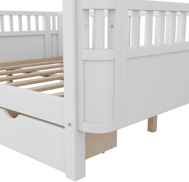 JIJIWANG Full Size Floor Bed with Storage, Montessori Floor Bed with Slats, Detachable Slats for Kids Bedroom, Girls & Boys, No Box Spring Needed, White