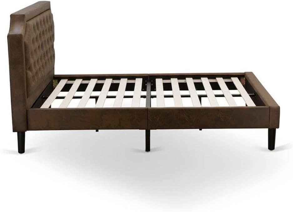 East West Furniture GB25Q-2VL06 3-Piece Queen Bedroom Set with Button Tufted Wood Bed Frame and Two Wire-Brushed End Tables – Dark Brown Faux Leather with a Black Finish and Textured Legs.