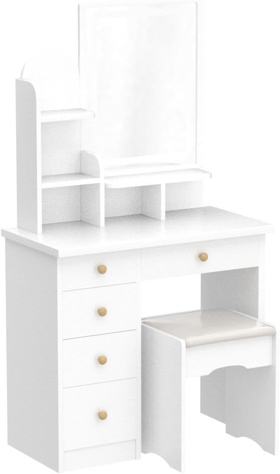 FUFU&GAGA Vanity Desk Set with Lighted Mirror, Makeup Vanity Dressing Table with Shelves & Cushioned Stool, White, 31.5' W x 15.7' D x 55.1' H