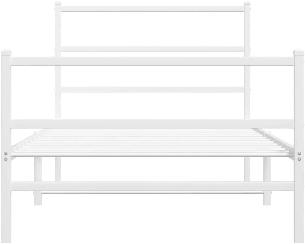 White Steel Twin Bed Frame with Headboard and Footboard, Modern Rectangular Design for Adults and Guests, Sturdy Powder-Coated Metal Construction, Ample Underbed Storage