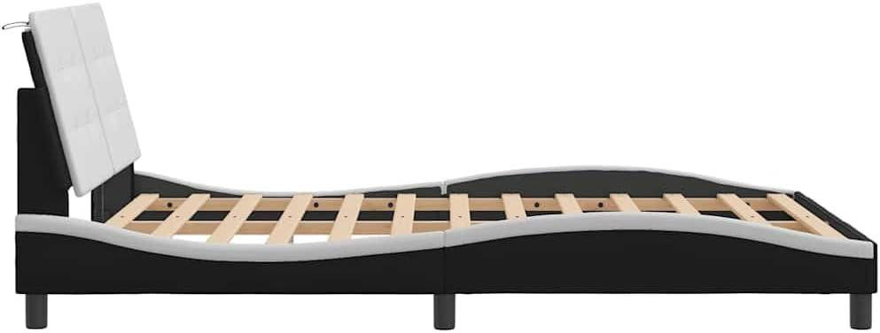 Full Bed Frame Black and White with Wavy Sides and Cushioned Headboard, Modern Design for Adults and Couples, Solid Pine Wood Construction, Stain-Resistant Faux Leather, Easy