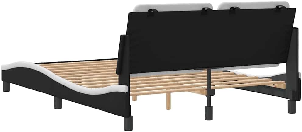 Full Bed Frame Black and White with Wavy Sides and Cushioned Headboard, Modern Design for Adults and Couples, Solid Pine Wood Construction, Stain-Resistant Faux Leather, Easy