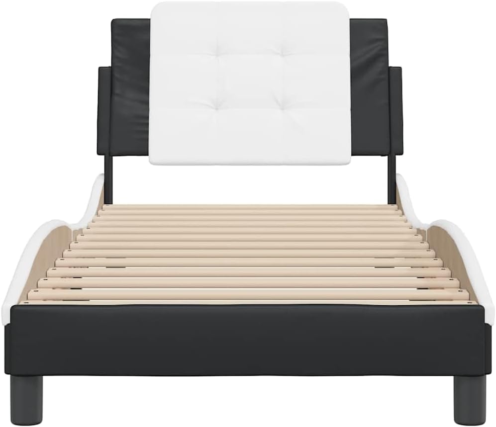 Black and White Bed Frame with Wavy Side Design, Single Size 39.4 x 74.8 Inches, Solid Pine Wood and Faux Leather Construction, Soft Headboard Cushion, Stain-Resistant