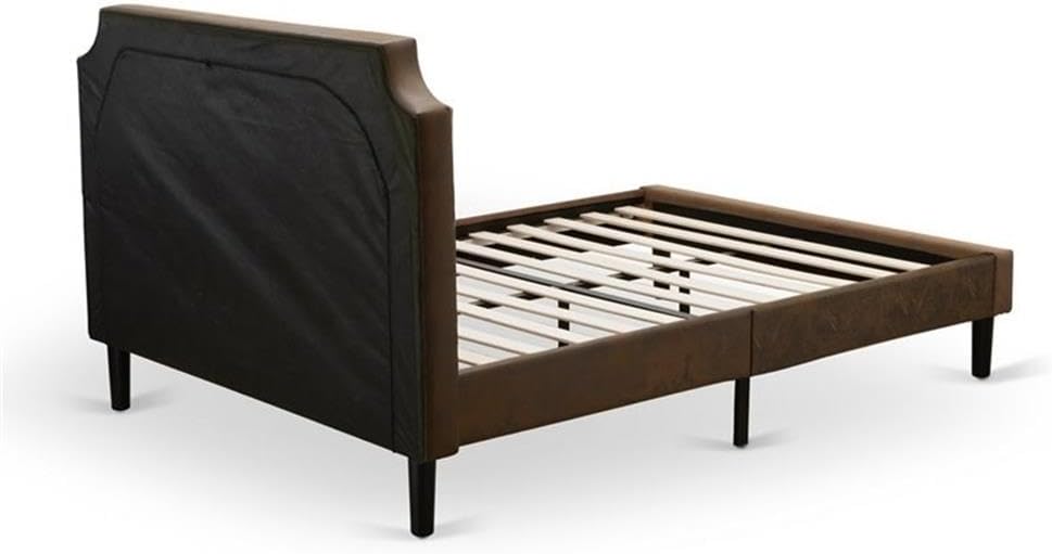East West Furniture GB25Q-2VL06 3-Piece Queen Bedroom Set with Button Tufted Wood Bed Frame and Two Wire-Brushed End Tables – Dark Brown Faux Leather with a Black Finish and Textured Legs.