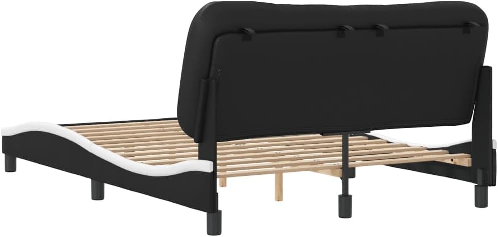 Full Bed Frame Black White 54x82x29 in Modern Faux Leather Platform Bedframe with Padded Headboard for Bedroom Furniture Sets