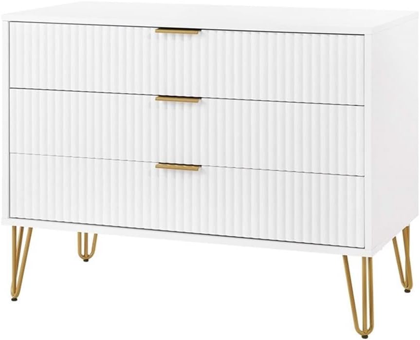 Pemberly Row 2-Piece Bedroom Dresser and Nightstand Set, MDF Construction, White Finish, Vertical Ribbed Drawers, Gold Metal Handles and Splayed Legs, Bedroom Storage Furniture, 55.26 in Dresser
