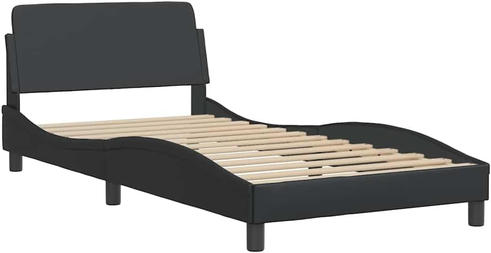 Modern Twin Bed Frame with Headboard and Hidden Storage, Black Faux Leather Upholstered on Engineered Wood and Metal Base, Sleek Design for Contemporary Bedroom, Durable