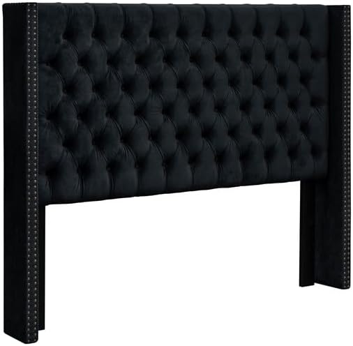 Madison Park Amelia Headboard Queen Wingback Upholstered - Hand-Tufted Button Detail, Double Nailhead Trim, Foam-Padded Durable Fabric, Adjustable Fit for Classic/Transitional Bedrooms-Black Velvet