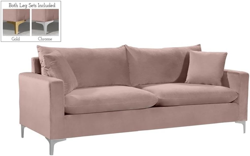 Meridian Furniture Naomi Collection Modern | Contemporary Pink Velvet Upholstered Sofa with Stainless Steel Base in a Rich Gold Finish