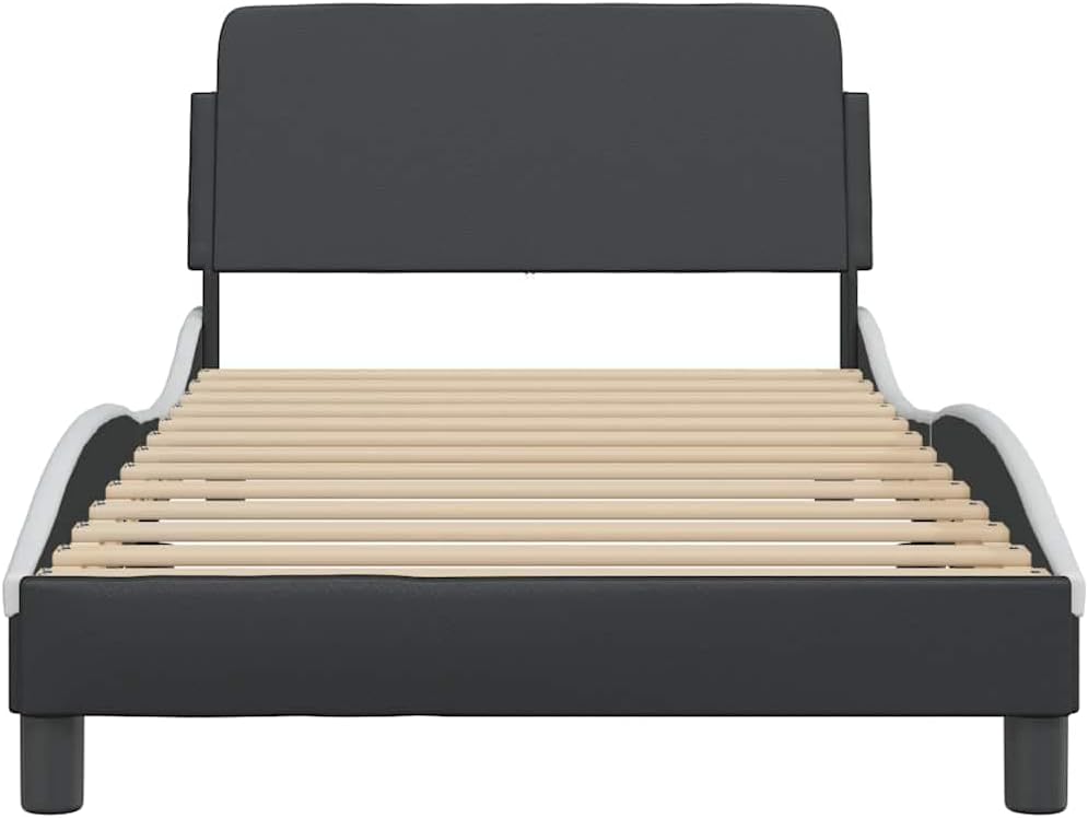 Modern Curved Twin Bed Frame in Black and White, Stylish and Contemporary Design with Waved Look for Various Decor Styles, Durable Faux Leather and Engineered Wood
