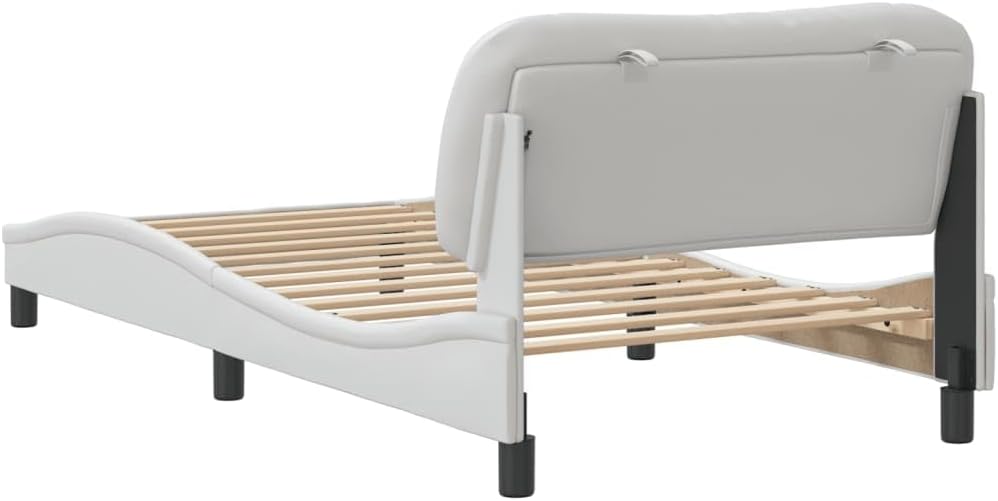 Modern White Faux Leather Bed Frame 41.3 x 81.9 x 29.3 in with Padded Headboard and Under-Bed Storage, Rectangular Platform Bedframe for Bedroom, Easy Assembly