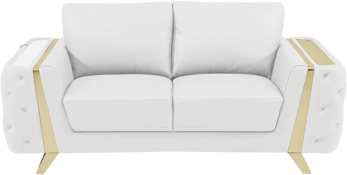 Blackjack Furniture Reggio Collection Full Grain Italian Leather Sofas for Living Room with Brazilian Wood Frame and Stainless Steel Legs, 3-Piece Set, Sofa, Loveseat, and Chair, White