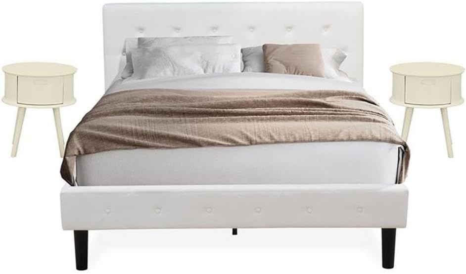 East West Furniture NL19Q-2GO05 3 Piece Queen Bed Set - Button Tufted Bed - Linen white Velvet Fabric Upholstered Headboard and a Linen white Finish Nightstand