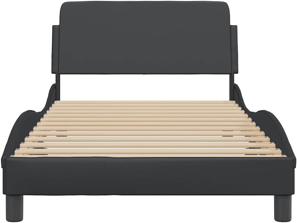 Modern Twin Bed Frame with Headboard and Hidden Storage, Black Faux Leather Upholstered on Engineered Wood and Metal Base, Sleek Design for Contemporary Bedroom, Durable