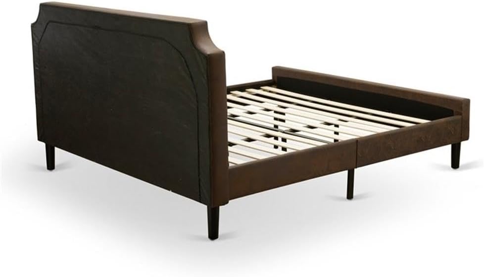 East West Furniture GB25K-1DE07 2-Pc Granbury King Size Bedroom Set with Button Tufted King Frame and 1 Distressed Jacobean Small End Table - Dark Brown Faux Leather with Black Texture and Black Legs