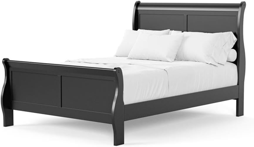 MAKLAINE Modern Transitional Solid Wood Panel Full Bed, Black Finish, Sleigh Design, 83.5' L x 56.25' W x 47.25' H, Curved Headboard and Footboard, Kids Bedroom Furniture, Box Spring Required