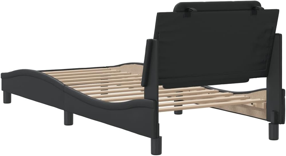Modern Faux Leather Single Bed Frame Black Durable Sturdy Pine Wood Construction with Cushioned Headboard for Space Saving Design