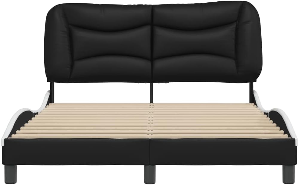 Full Bed Frame Black White 54x82x29 in Modern Faux Leather Platform Bedframe with Padded Headboard for Bedroom Furniture Sets