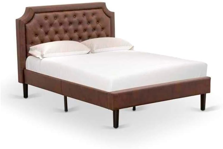 HomeStock Antique Ambiance 2 Piece Bedroom Set with Button Tufted Full Bed Frame and a Distressed Jacobean End Tables Dark Brown Faux Leather with Black Texture and Black Legs