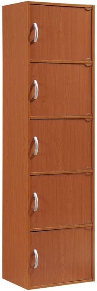 Pemberly Row 5 Shelf 5 Door Bookcase, Cherry Finish, 59 in H x 15.9 in W x 11.75 in D, Slim Multipurpose Design, Storage for Office, Bedroom, Living Room, Kids Room, Kitchen or Laundry Organization