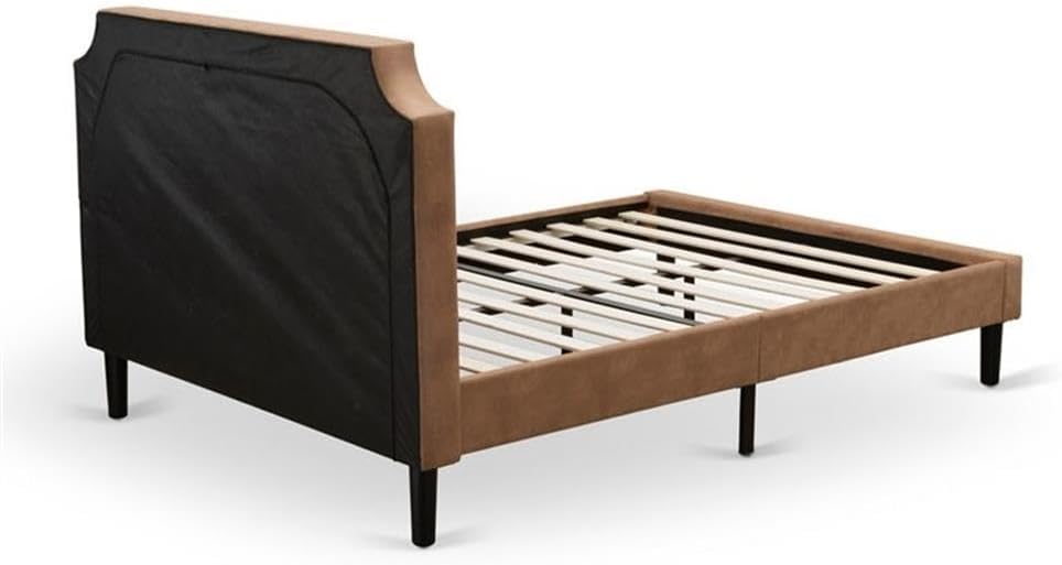 East West Furniture GB28Q-2HI07 3-Pc Wooden Set for Bedroom with Button Tufted Queen Bedframe and 2 Distressed Jacobean End Tables for Bedroom - Brown Faux Leather with Brown Texture and Black Legs