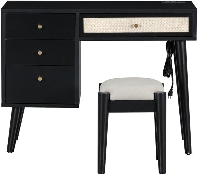 3 Pieces Bedroom Set with Full Size Wooden Bed Frame, 1 Vintage Nightstand and 1 Makeup Vanity Set with Stool,Black (Black + Wood + Full + 3 Piece Set)
