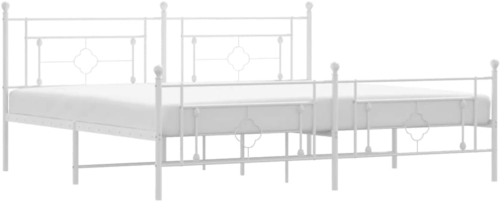 White Powder-Coated Steel Full Bed Frame with Headboard, 76x80 Inches, 4-Piece Set, Durable Metal Platform, Modern Bedroom Furniture