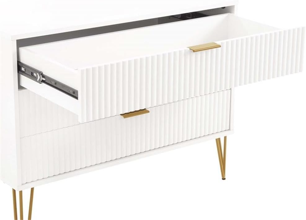 Pemberly Row 2-Piece Bedroom Dresser and Nightstand Set, MDF Construction, White Finish, Vertical Ribbed Drawers, Gold Metal Handles and Splayed Legs, Bedroom Storage Furniture, 55.26 in Dresser
