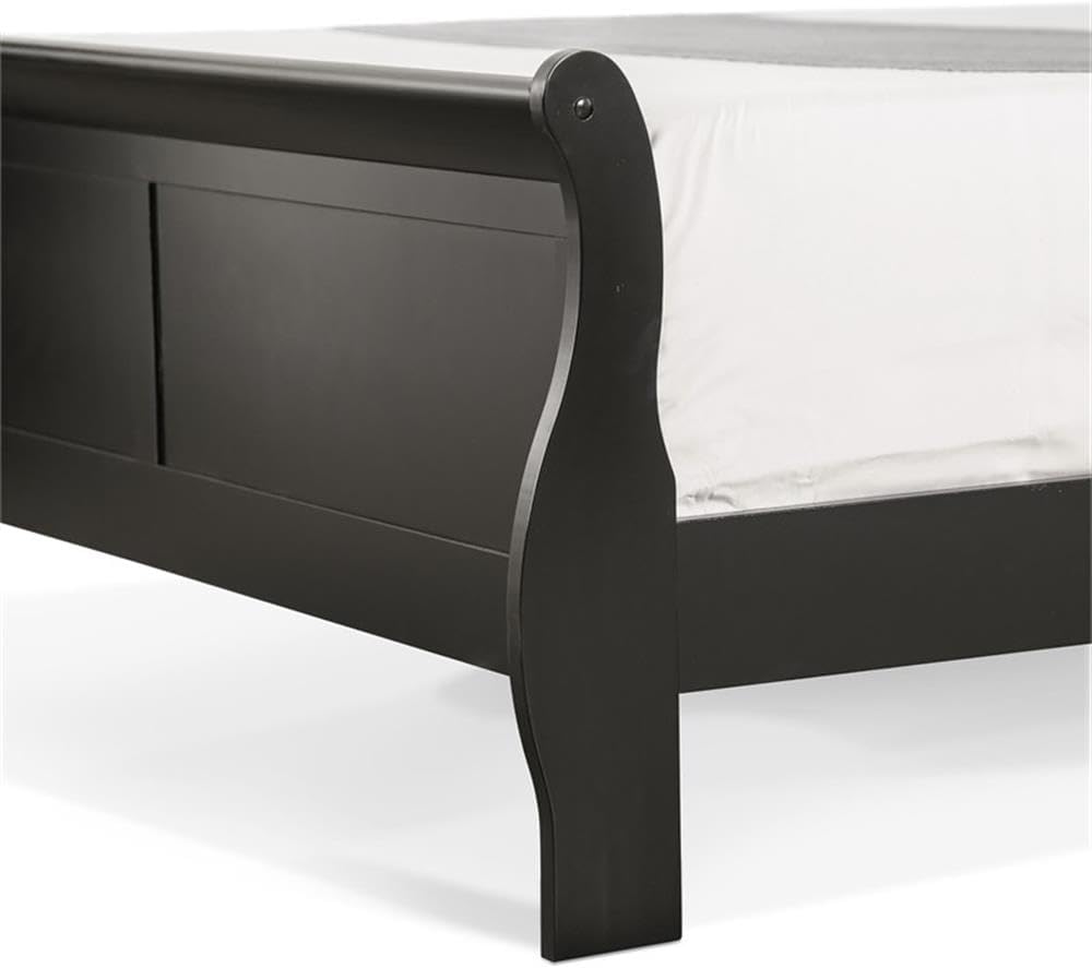MAKLAINE Modern Transitional Solid Wood Panel Full Bed, Black Finish, Sleigh Design, 83.5' L x 56.25' W x 47.25' H, Curved Headboard and Footboard, Kids Bedroom Furniture, Box Spring Required
