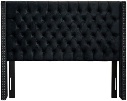 Madison Park Amelia Headboard Queen Wingback Upholstered - Hand-Tufted Button Detail, Double Nailhead Trim, Foam-Padded Durable Fabric, Adjustable Fit for Classic/Transitional Bedrooms-Black Velvet
