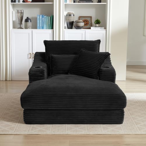 HRVEOCEI 47.2' Oversized Chaise Lounge Chair Indoor, Corduroy Boneless Chaise Lounge with 2 Pillows, Comfy Reading Chair with Ottoman, Black Sleeper Chairs for Adults Living Room Bedroom (Black 47.2)