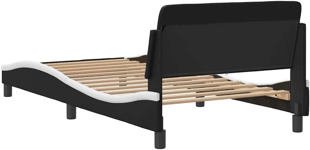 Modern Curved Twin Bed Frame in Black and White, Stylish and Contemporary Design with Waved Look for Various Decor Styles, Durable Faux Leather and Engineered Wood