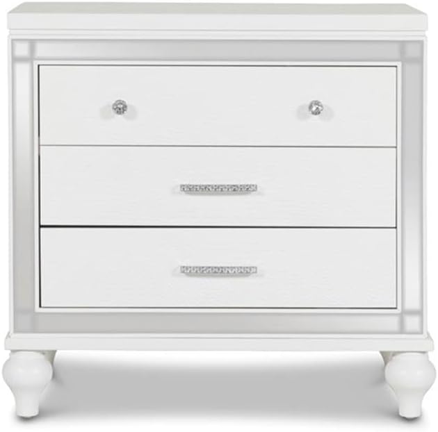 Pemberly Row Contemporary Solid Wood 3-Drawer Nightstand, White Finish, 31.1'' W x 18.11'' D x 29.33'' H, Durable Veneers, Embossed Inlay, Bedroom Storage Furniture
