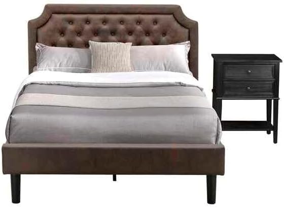 HomeStock Earthy Elegance 2 Piece Platform Wooden Set for Bedroom with a Full Bed and 1 Wirebrushed Black Night Stands Dark Brown Faux Leather with Black Texture and Black Legs