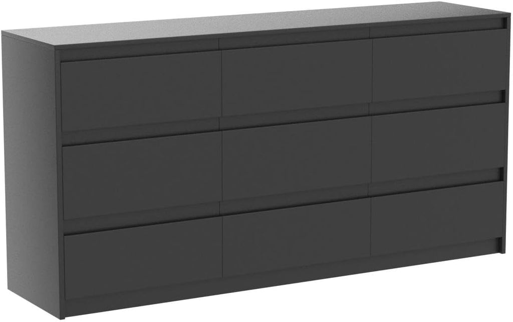 9 Drawer Dresser for Bedroom with Deep Drawers, Large Floor Wood Dressers & Chest of Drawers Handle Free, Modern Black Long Dressers for Closet Living Room, Euro Slide (63'W x 15.7'D x 31.5'H)