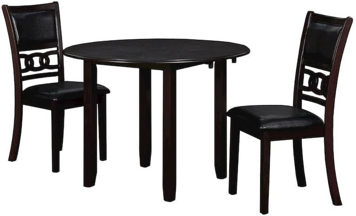 Furnifact Brown 3 Piece Drop Leaf Table and Chairs, Solid Wood Round Dining Table with Chairs, Transitional Compact Design for Kitchens with Upholstered Seating