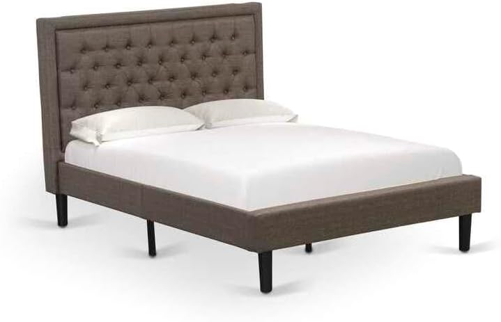 HomeStock Old World Charm 2 Pc Full Bedroom Set 1 Bed Frame Brown Linen Fabric Padded and Button Tufted Headboard 1 Nightstand with Wood Drawer for Bedroom Black Finish Legs