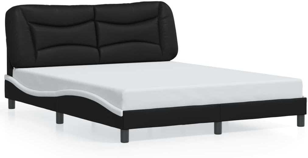Bed Frame Black and White 61.8'x85.8'x29.3' Matte – Modern Platform Bed Frame with Faux Leather Upholstered Headboard for Adult Couples Bedroom Furniture